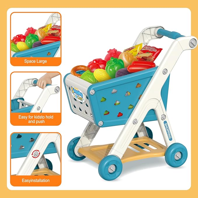 Kids Shopping Cart Trolley Play Set and Pretend Play Calculator Cash Register Toy with Pretend Food and Accessories,Perfect for Ages 3+ Pretend Play and Role-Playing Games