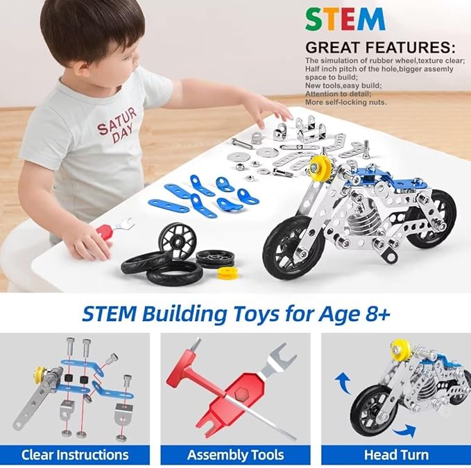 Ferthor Fun Erector Set Motorcycle,Stem Building Projects Toys for Kids 8 9 10 11 12+ Year Old,Metal Building Construction Model kit, 5 in 1 Motobike Building Blocks Steam Educational Toys(139PCS)