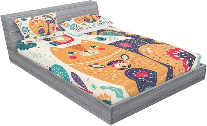 Ambesonne Paisley Fitted Sheet & Pillow Sham Set, Little Smiling Cheek Cat Animal Various Oriental Leaf Flower Artwork, Decorative Printed 3 Piece Bedding Decor Set, Queen, Orange Multicolor