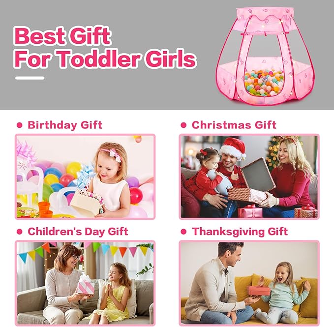 Baby Ball Pit for Toddler: with Star Lights - Pop Up Princess Play Tent for Kids - Indoor Outdoor Baby Girl Toys Birthday Gifts - NO Balls (Dreamy Pink Tent)