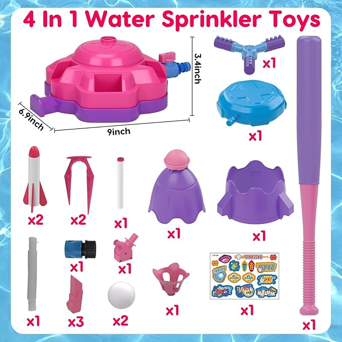 4-in-1 Sprinkler Toys for Kids Water Outdoor Baseball Rocket Launcher Rotating Water Spray Sprinklers Toys Toddler 4-8 8-12 Year Old Summer Backyard Garden Lawn Pool Outside Water Play Game Ages 3-5