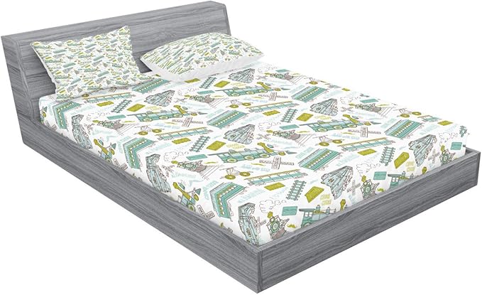 Ambesonne Steam Engine Fitted Sheet & Pillow Sham Set, Choo Choo Train Pattern and Number Signs Vintage Travel Theme Print, Decorative Printed 2 Piece Bedding Decor Set, Calking, Apple Green Turquoise