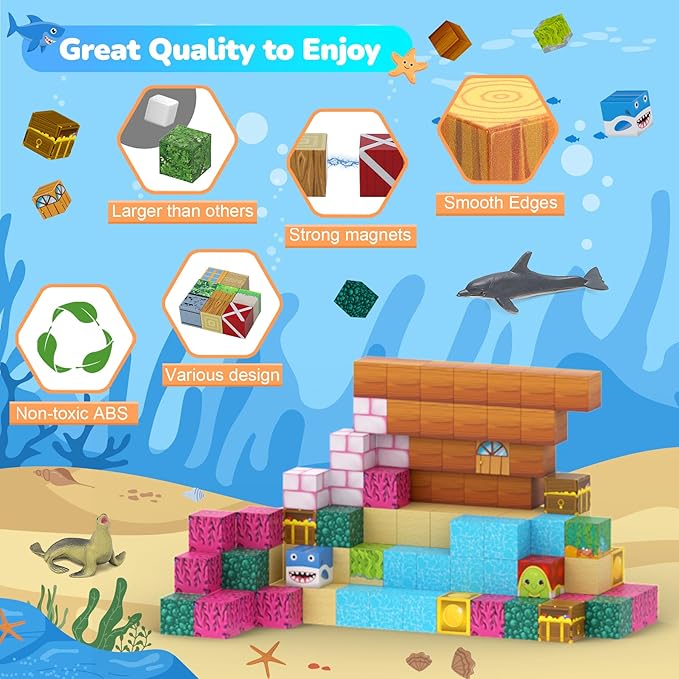 Magnetic Blocks 110PCS with 6 Animal Toys, Ocean Building Blocks Set, Toys for Boys & Girls Age 6-8, STEM Montessori Stacking Building for Toddlers Sensory for Kids 6+