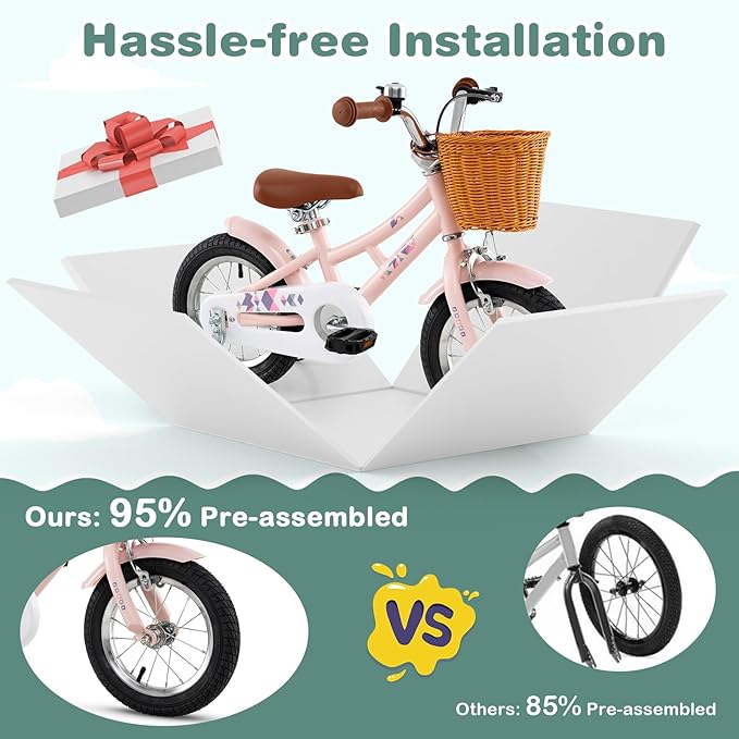BABY JOY Retro Kids Bike, 12 14 16 18 Inch Child Bike for 3-8 Years Old w/Rattan Basket, Adjustable Height, Training Wheels, Fenders, Handbrake Coaster Brake, 95% Pre-Assembled Kids Bicycle for Girls