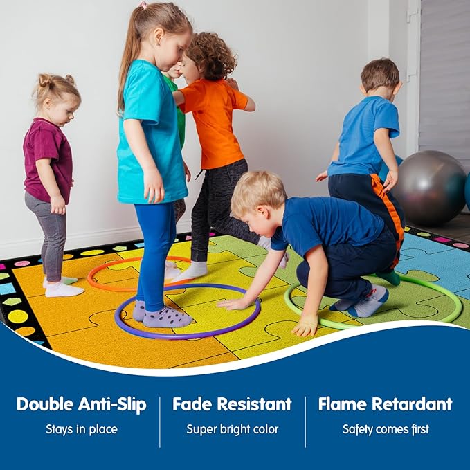 Booooom Jackson Elementary Classroom Rug - 16 Seats Carpet 6'5"x8'5" (260x200cm) - Colorful Puzzle Seating With Non-Slip Backing for Preschool and School Kids
