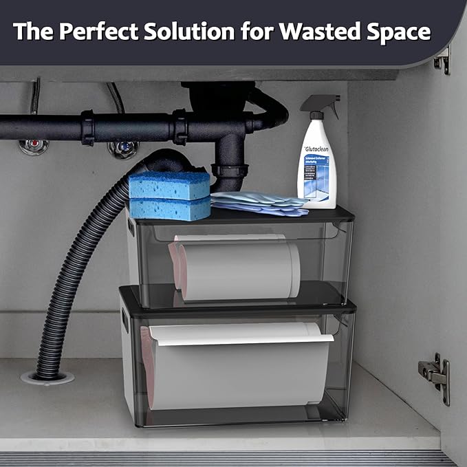 2 Pack Trash Bag Holder Under Sink Stackable, Plastic Garbage Bag Dispenser with Lid, Trash Bag Storage Dispenser Roll Holder for Kitchen, Pantry, Laundry Room Organization (Black)