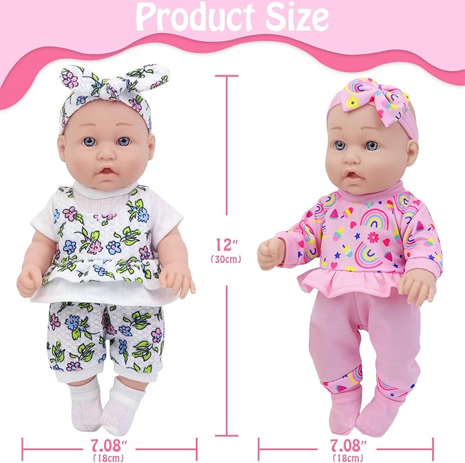 Ecore Fun 12 Inch Baby Doll with Clothes and Accessories,16 Pcs Reborn Alive Doll Playset Sets Include 12 Inch Doll,2 Sets of Clothes,Headband,Soft Socks,Tableware ,Feeding Bottle, Diapers,Nipple