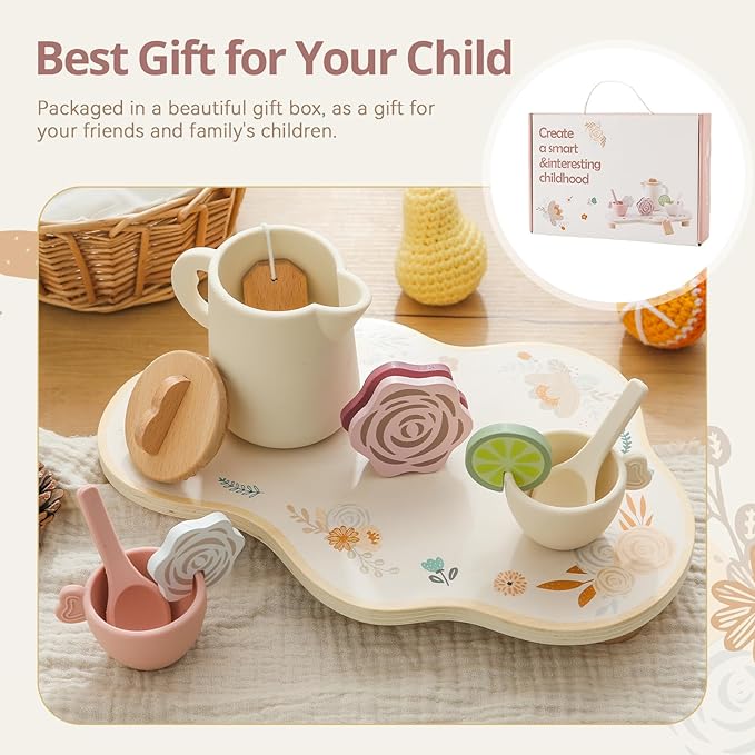 Tea Party Set for Little Girls, Silicone & Wooden Tea Set for Toddler with Silicone Teapot Cups Carrying Tray Scoop, Pretend Play Accessories Kids Kitchen Wooden Toys for 3 4 5 6 Year Old (Pink)