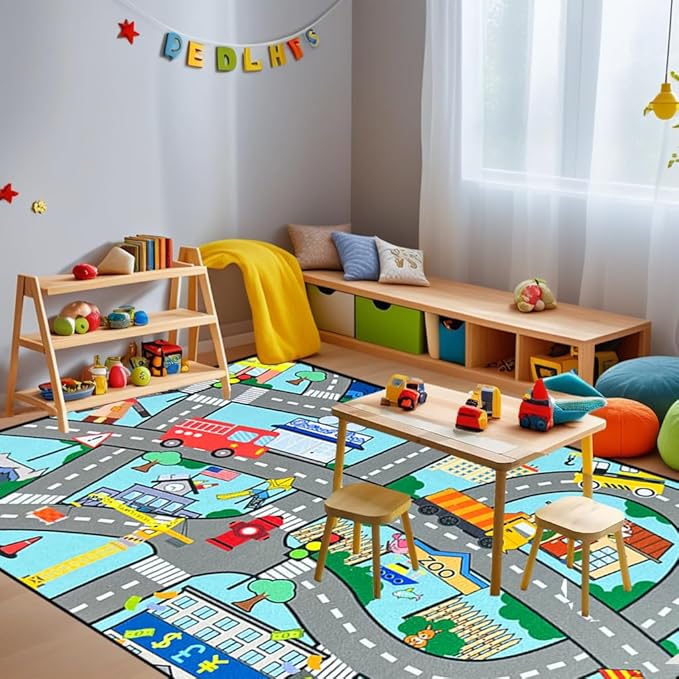 Car Track Rug - Car Rugs for Kids Toy Cars City Life Car Road Rug Large Kids Play Mat Car Carpet for Boys Girls Playroom Living Room Bedroom Classroom, 5'×7'