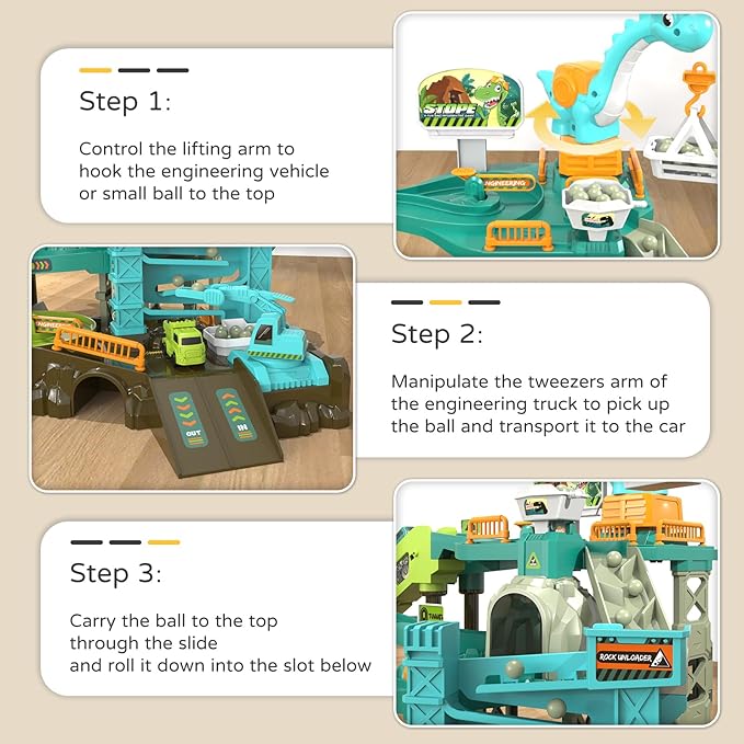 66PCS Dinosaur Engineering Adventure Track Set for Kids 3+,Electric Climbing Ladder Rotating Crane, Interactive Construction Playset with Music, 4 Mini Cars & 2 Dinosaur Figures, Ideal Gift
