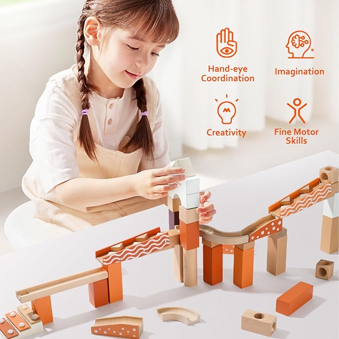 Wooden Marble Runway Blocks for Ages 3+, 60 Wooden Blocks Toys and Construction Playset, Natural Marble Track Maze Game STEM Learning Toys Boys Girls Gift (Set of 60)