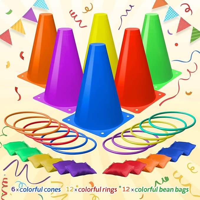 Eocolz 3 in 1 Carnival Games Set, Soft Plastic Cones Bean Bags Ring Toss Games for Kids Birthday Party Outdoor Games Supplies Combo Set