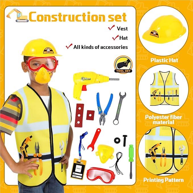 Bonuci 3 Sets Kids Dress up for Play Age 3-7 Years Old,dress up Costumes Vest Set Police,fireman and Worker for Toddler Kids Boys Pretend Role Accessories