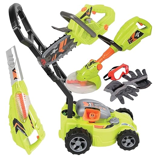 CP Toys 6-Piece Power Gardening Toy Set for Kids Ages 3+, Child Size Indoor/Outdoor Play Kids Tool Set with Leaf Blower, Chainsaw, Lawn Mower, and More, Green