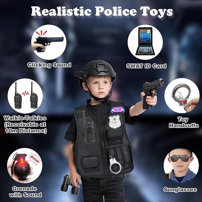 Police Costume for Kids, Tactical Helmet with Walkie Talkies,Swat Vest for Boys, Police Officer Uniform Role Play Toddler Dress Up Clothes with Toy Gun, Halloween Costumes for Kids 4 5 7 6 12 Year Old
