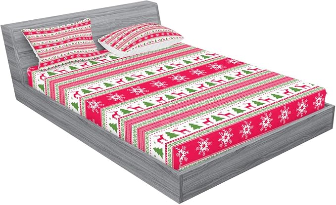 Ambesonne Nordic Fitted Sheet & Pillow Sham Set, Classical Reindeers Snowflakes Trees Christmas Pattern Needlework Design, Decorative Printed 3 Piece Bedding Decor Set, Calking, Pink Lime Green White