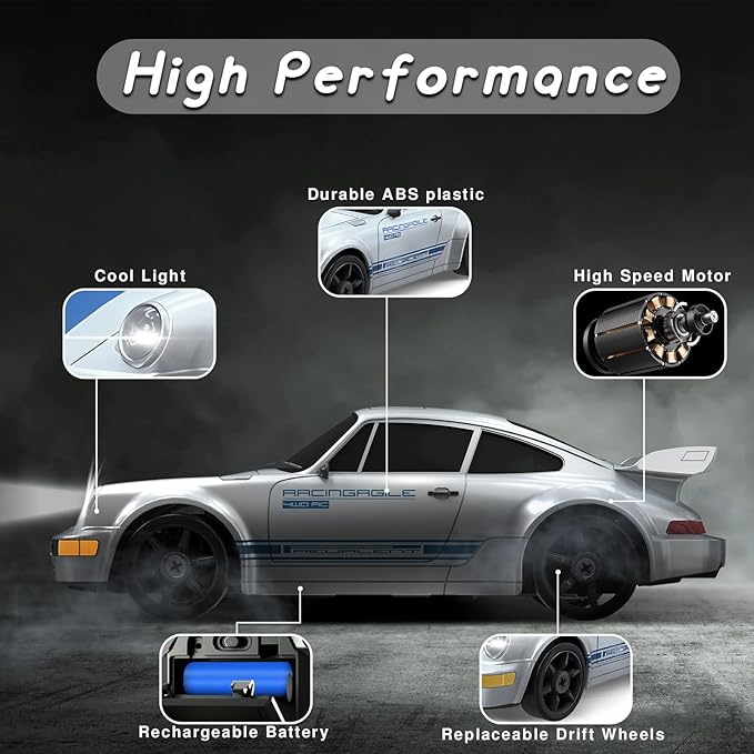 Remote Control RC Car for Boys - 1/24 2.4GHz 4WD Racing Drift Car With Lights, Rechargeable Battery, and Drift Tires - Silver Hobby Toy for Kids, Xmas Gift