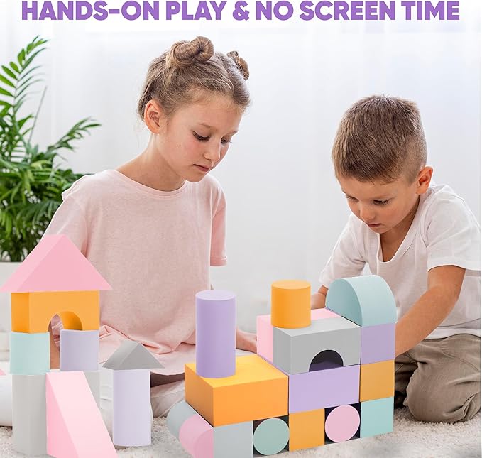 Set of 34 Jumbo Large Foam Blocks for Toddlers - Stacking Soft Blocks for Kids with Shapes & Colors Learning - Construction Building Preschool Toys - Giant Foam Bath Blocks for Toddlers 3-5 & above