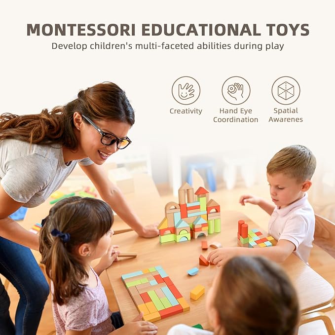 100pcs Building Blocks for Toddlers 1-3, Wooden Blocks for Kids with Storage Bucket and Shape Sorter Lid, Montessori Toys for 1 2 3 Year Old, Learning Toys for Preschool Girls and Boys