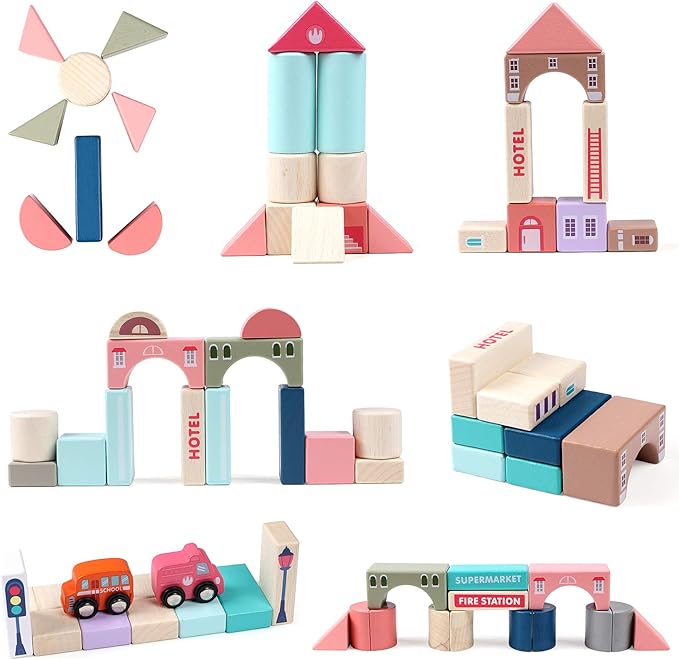 Lewo 115 PCS Wooden Building Blocks with City Map Construction Building Sets City Building Blocks Stacking Blocks Preschool Educational Learning Toys for 3 4 5 6 Years Old Kids Boys Girls Children