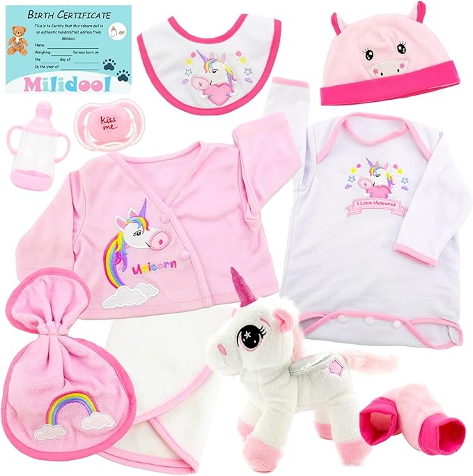 Milidool Reborn Baby Dolls,22 Inch Realistic Newborn Baby Girls Lifelike Weighted Baby Girl Dolls Pink Unicorn Reborn Baby Girl Dolls with Magnetic Pacifier Feeding Accessories Toy Set