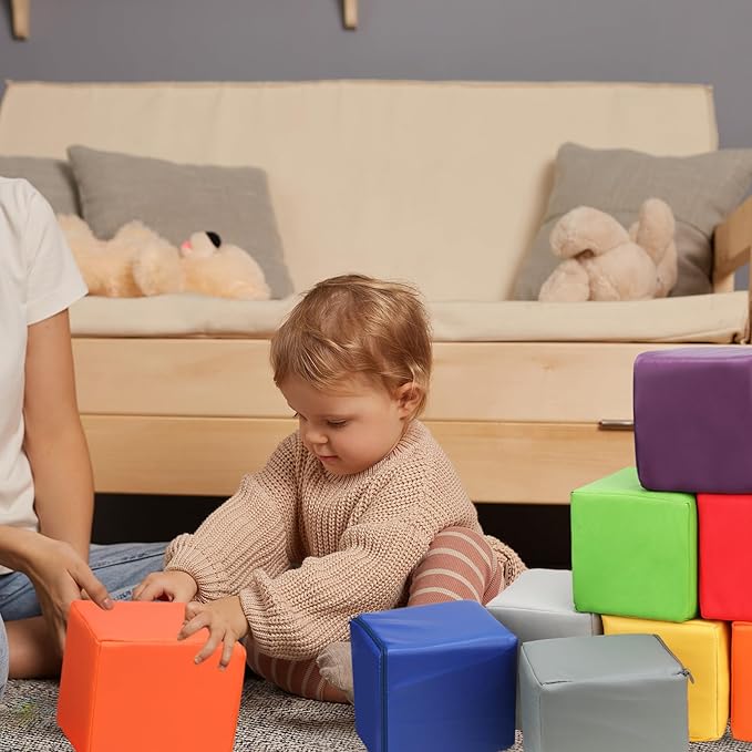 16 PCS Foam Blocks PU Leather Soft Building Play Soft Cubes for Kids Colourful Foam Stacking Blocks for Indoor or Outdoor Play-Set Preschool Learning