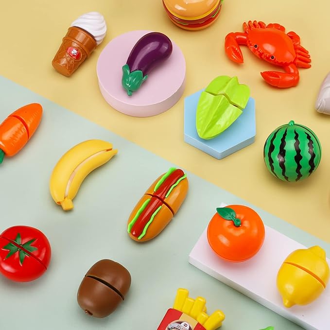 42 Items 87 Pcs Cutting Play Kitchen Set for Kids, Pretend Cooking Fruit &Vegetables&Fast Food with Storage Basket, Fake Food Toys for Toddler&Baby, Educational Gift for Girls Boys Children Birthday
