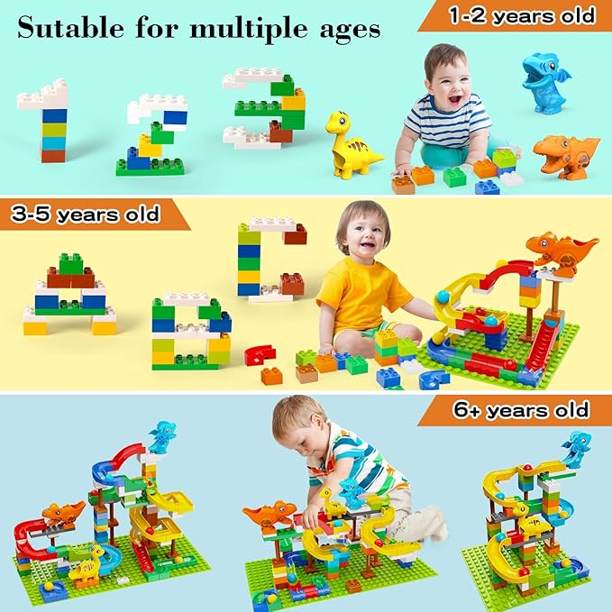 Building Blocks for Kids Toddlers 3 4 5 6 7 8+ Year Old, 128-piece Large Classic Building Bricks, Dinosaur Marble Run with 2 Baseplate for Boys Girls All Ages, Compatible with All Major Brands