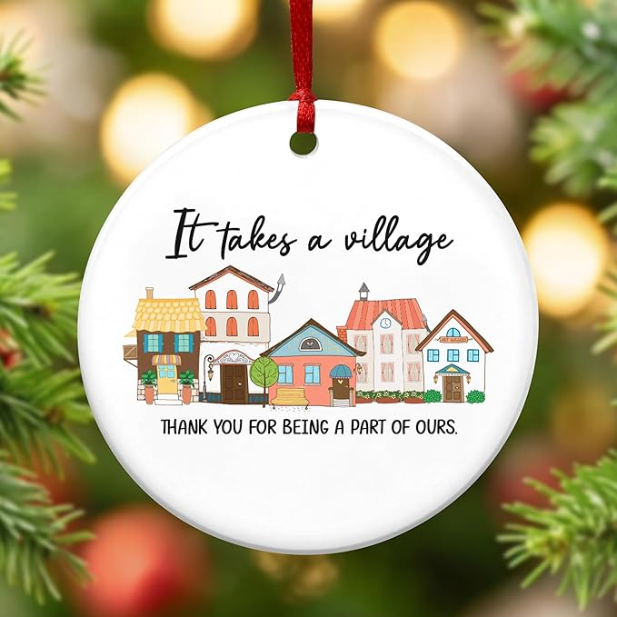 OASSIE Thank You Gifts for Women Men - It's Takes A Village Ceramic Christmas Ornaments 2025 - Christmas Appreciation Daycare Gifts for Neighbor Teacher Nurse Coworker Employee Nanny Babysitter