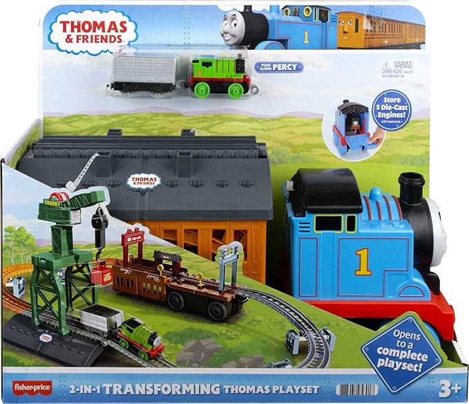 Thomas & Friends Toy Train Set 2-in-1 Transforming Thomas Playset with Track, Diecast Percy & Crane for Preschool Pretend Play Kids Ages 3+ Years