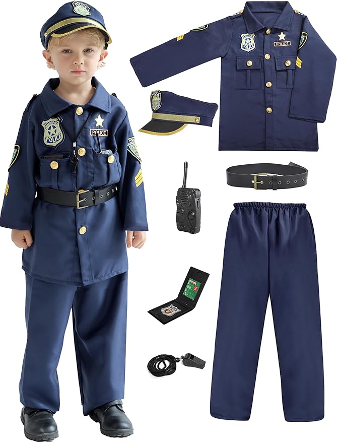 Police Officer Costume for Kids, Cop Toys with Policeman Uniform, Hat, Whistle, Toddler Dress Up for Christmas Party, Boys Girls Birthday Gift