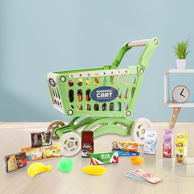deAO Kids Shopping Cart Trolley for Groceries Toddlers 65 Food Fruit Vegetables Pretend Play Food Role Play Educational Toy Play Kitchen Toys Store Playset (Green)