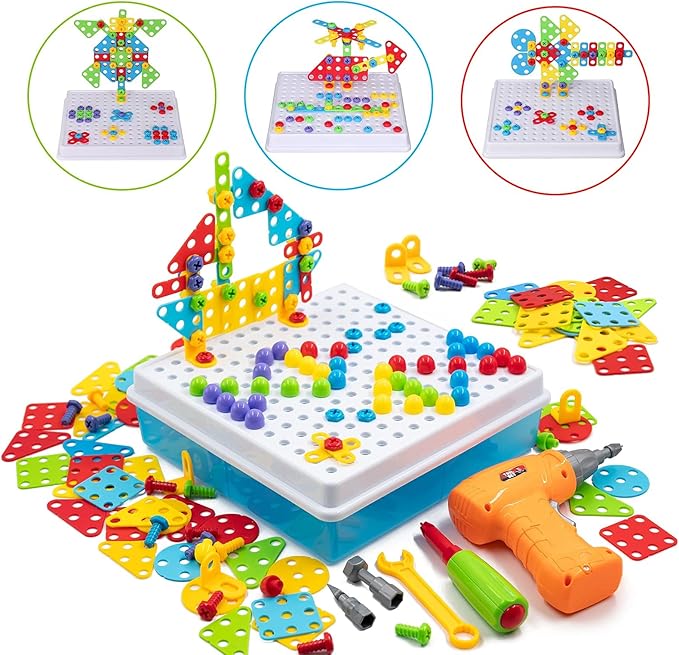 STEM Drill & Build Kit for Kids Ages 3-8 | Electric Toy Drill with 193+ Pieces (Screws, Nuts, Rainbow Fasteners) | Creative Design Construction Toys for Boys Girls | Gift for Birthdays, Christmas