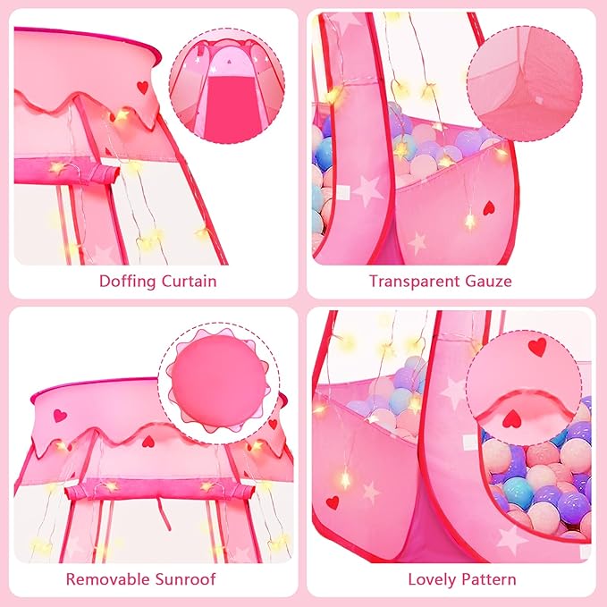Pop Up Princess Tent with Star Light, Toys for 1 2 3 Year Old Girl Birthday Gift, Ball Pit for Baby 12-18 Month, Foldable Kids Play Tent for Toddler 1-3, One Year Old Girl Toy Indoor Outdoor