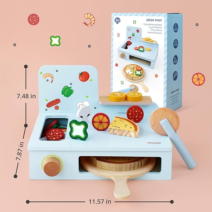 Wooden Pizza Play Set – 24 PCS Slice‑&‑Serve Pretend Play Pizza Toy, Hook‑and‑Loop Cutting, Montessori Kitchen Role Play, Wooden Play Food Gift for Toddlers Ages 3‑6