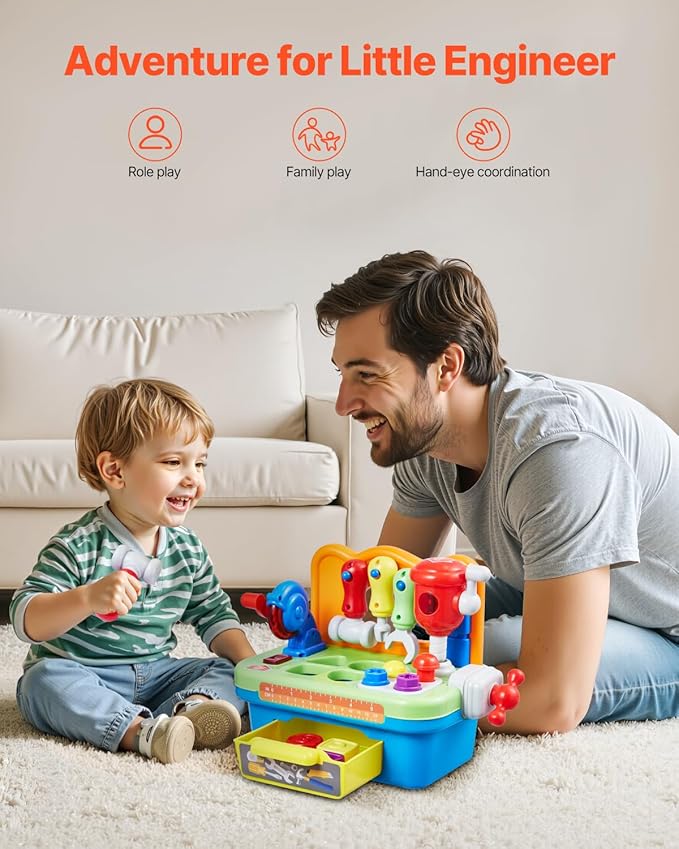 VEVOR Musical Workbench Toy, Sounds & Lights, Musical Learning Workbench for Toddler Age 2 Years and Up, Baby Pretend Play Tool Set, Infant Shape Sorter Activities, Kids Pounding Game, Boys & Girls