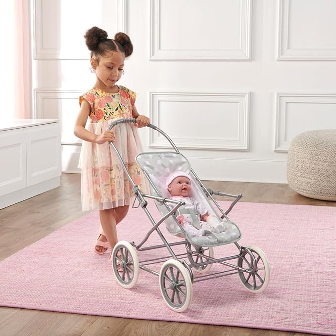 Badger Basket Just Like Mommy 3-in-1 Convertible Doll Pram, Carrier & Stroller - Gray/Polka Dots - Fits Dolls 18 to 22 Inches