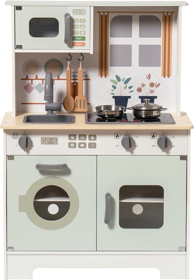 ROBUD Play Kitchen for Kids, Wooden Kids Kitchen Playset with Lights & Sounds, Pots, Cookware, Pretend Kitchen Gift for Boys Girls, Green Modern Look, Age 3+