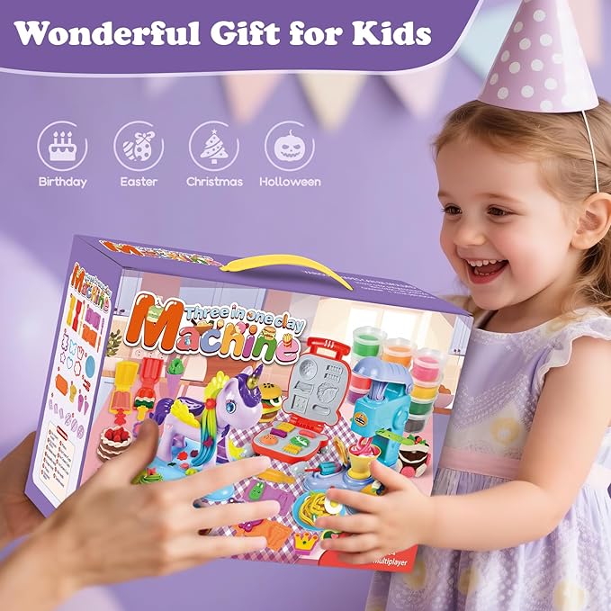 60 PCS 3 in 1 Dough Sets for Kids Ages 3-4-8, Art Crafts Dough Tools Kit, Unicorn Hair Stylist, Ice Cream Playset Hamburger Maker Machine, Kitchen Creations Food Play Toys Boys Girls