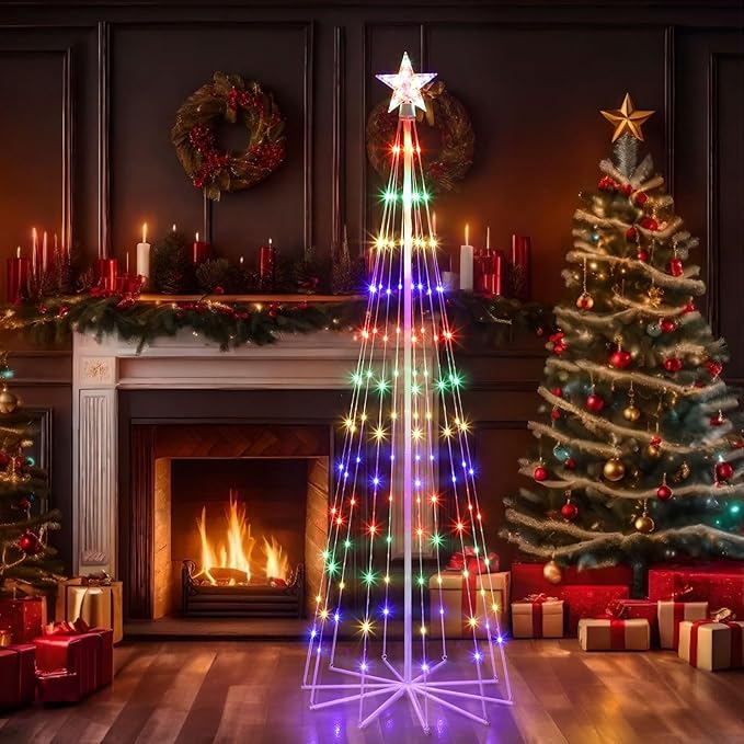 10' LED Animated Outdoor Christmas Tree, Multicolor Lightshow Lighted Cone Wire Tree with Topper Star, Christmas Outdoor Decorations Artificial Lighted Tree for Indoor Yard Patio