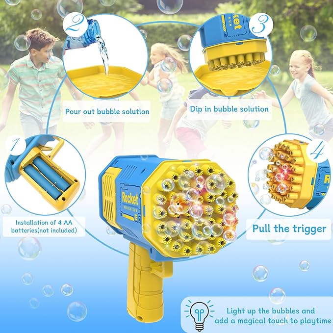 2 Bubble Gun with 2 Bottles Refill Solution for Kids, 40-Hole Light Up Rocket Bubble Machine for Toddlers 1-3, Bubble Blaster Maker, Party Favors Toys for Boys Girls 4-8 Birthday Gifts