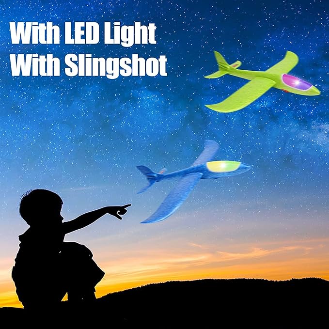 BooTaa 4 Pack LED Foam Airplane,17.5" Large Throwing Foam Plane, 2 Flight Mode Glider, Flying Toy for Kids, Gifts for 3 4 5 6 7 8 9 Years Old Boy, Outdoor Sport Toys Birthday Party Favors