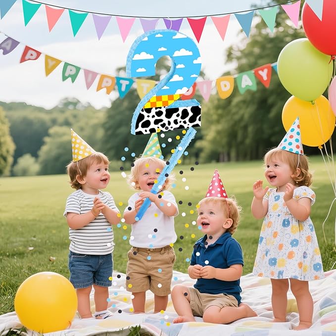 16 Inch Number 2 White Cloud Pinata with 16 Inch Piñata Stick Blindfold Confetti for Boy Girl Kids 2nd Birthday Party Decorations(2nd)
