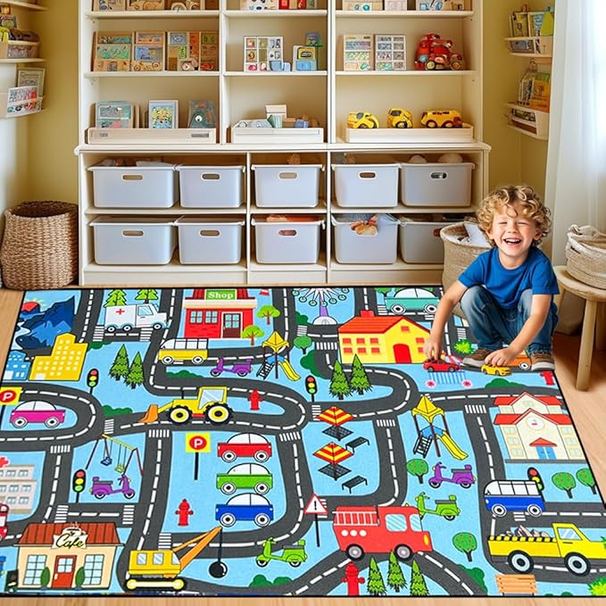 Car Track Rug - Car Rugs for Kids Toy Cars City Life Road Rug for Large Kids Play Mat for Boys Girls Playroom Living Room Bedroom Classroom, 5'×7'