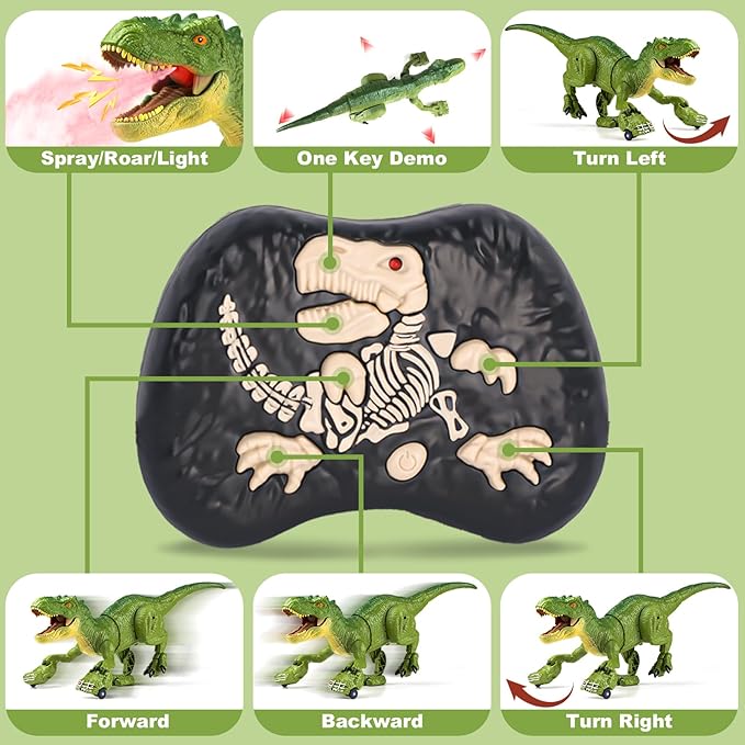 RC Tyrannosaurus Rex Dinosaur Toys for Kids 3-5, 5-7, 8-12, Remote Control T Rex Dino Robot Toy with Spray, Roar & Light, Birthday for 3 4 5 6 7 8 9 10 11 12 Year Old Boys (Green)