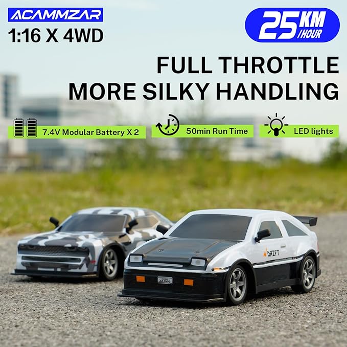 ACAMMZAR 1:16 RC Drift Car, 25KM/H 4WD High Speed Remote Control Cars for Kids, with LED Lights, Two Batteries, Extra Tires, Drift RC Cars for Adults,Black