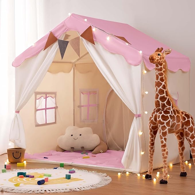 Besrey Kids Playhouse 2 in 1 With Padded Mat and Lights - Large Tent With 2 Doors & 4 Windows for Indoor & Outdoor Use - Christmas Toddler Gift, 51" x 35" x 51"