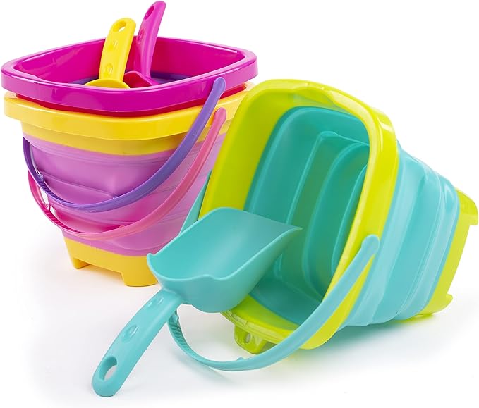 Sloosh 3 Packs Foldable Bucket - Collapsible Bucket with Sand Shovels and Mesh Backpack for Kids Toddlers Beach Toys, Easter Egg Hunt, Camping, Travelling and Fishing Water Pail (Pink/Purple/Green)