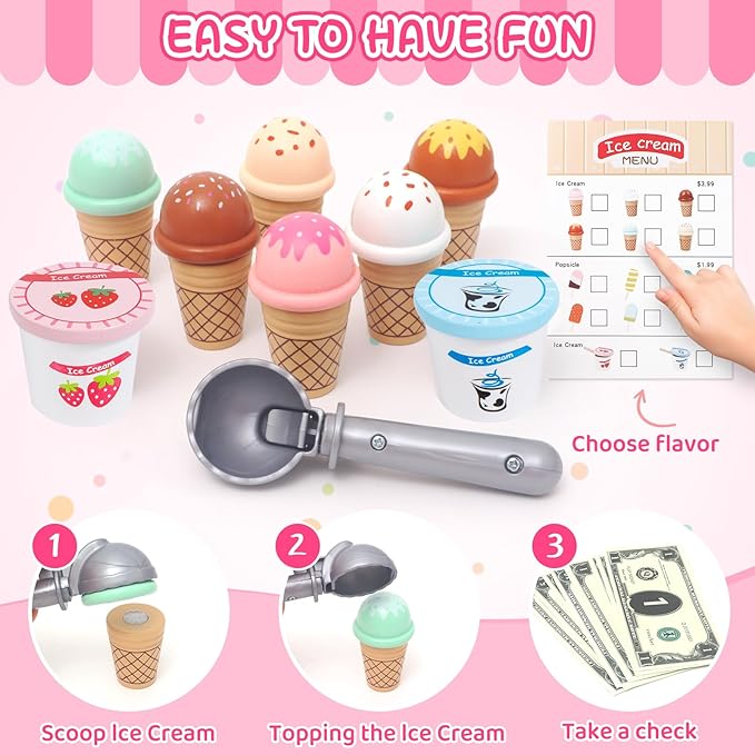 Wooden Ice Cream Toys for Toddlers 3-5 Kids Play Store Pretend Food Kitchen Accessories with Scoop & Menu & Toy Cash, Wooden Ice Cream Counter Shop Playset for 3 4 5 Year Old Birthday