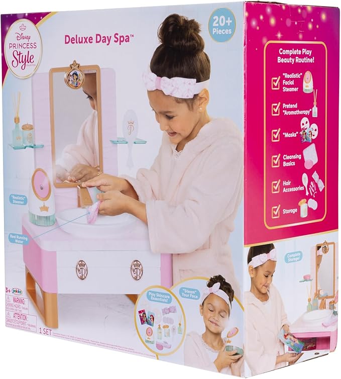 Disney Princess Style Collection Girls Deluxe Day Spa with Realistic Steamer, Play Skincare Essentials & Real Running Water, 20+ Pieces